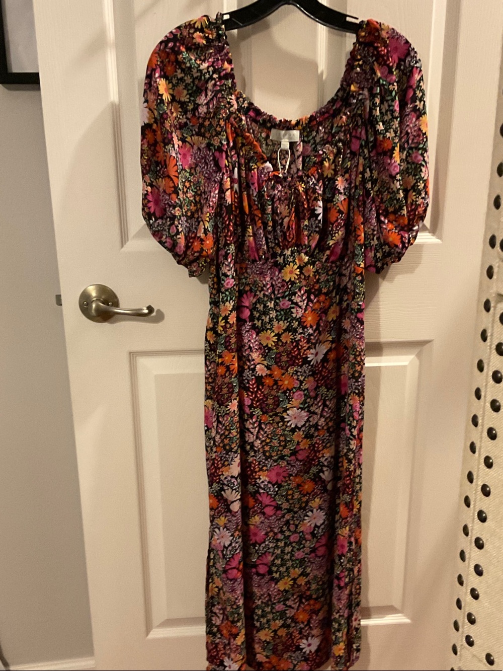 Floral Puff-Sleeve Maxi Dress in Pink & Orange